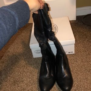 women’s steve madden black tall buckle boots